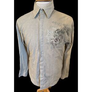 Roar Beige Brown Striped Embroidered Long Sleeve Button‎ Front Shirt Sz Large